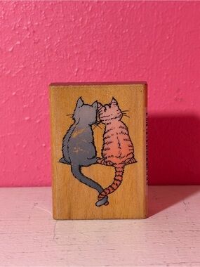 Vintage 1992 Comotion Wooden Loving Cats Holding Tails #569 Stamp Kitty Love Fun